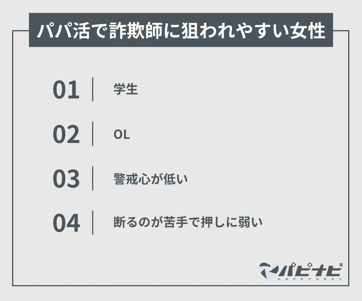 パパ活で詐欺師に狙われやすい女性